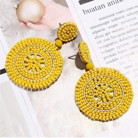 Yellow Beaded Double Round Disc Boho Dangling Drop Statement Post Back Earrings - Picture 3 of 7